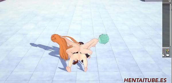  Sword Art Online Hentai 3D - Threesome, Asuana and Asada masturbate Kirito with their ass and he cums on her buttocks - Japanese Anime Manga Cartoon Porn